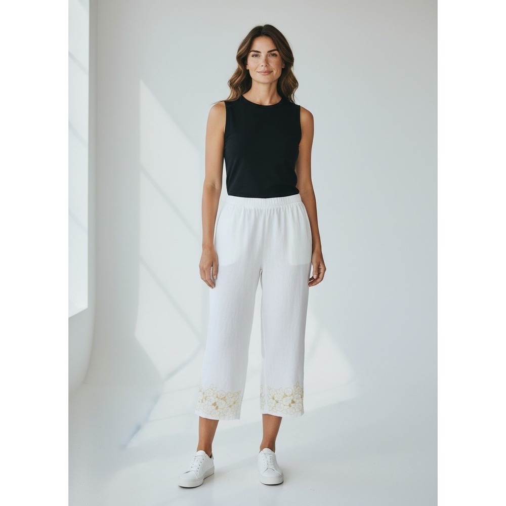 Vintage White Linen Blend Floral‎ Eyelet Embroidered Cropped Pants Womens 12